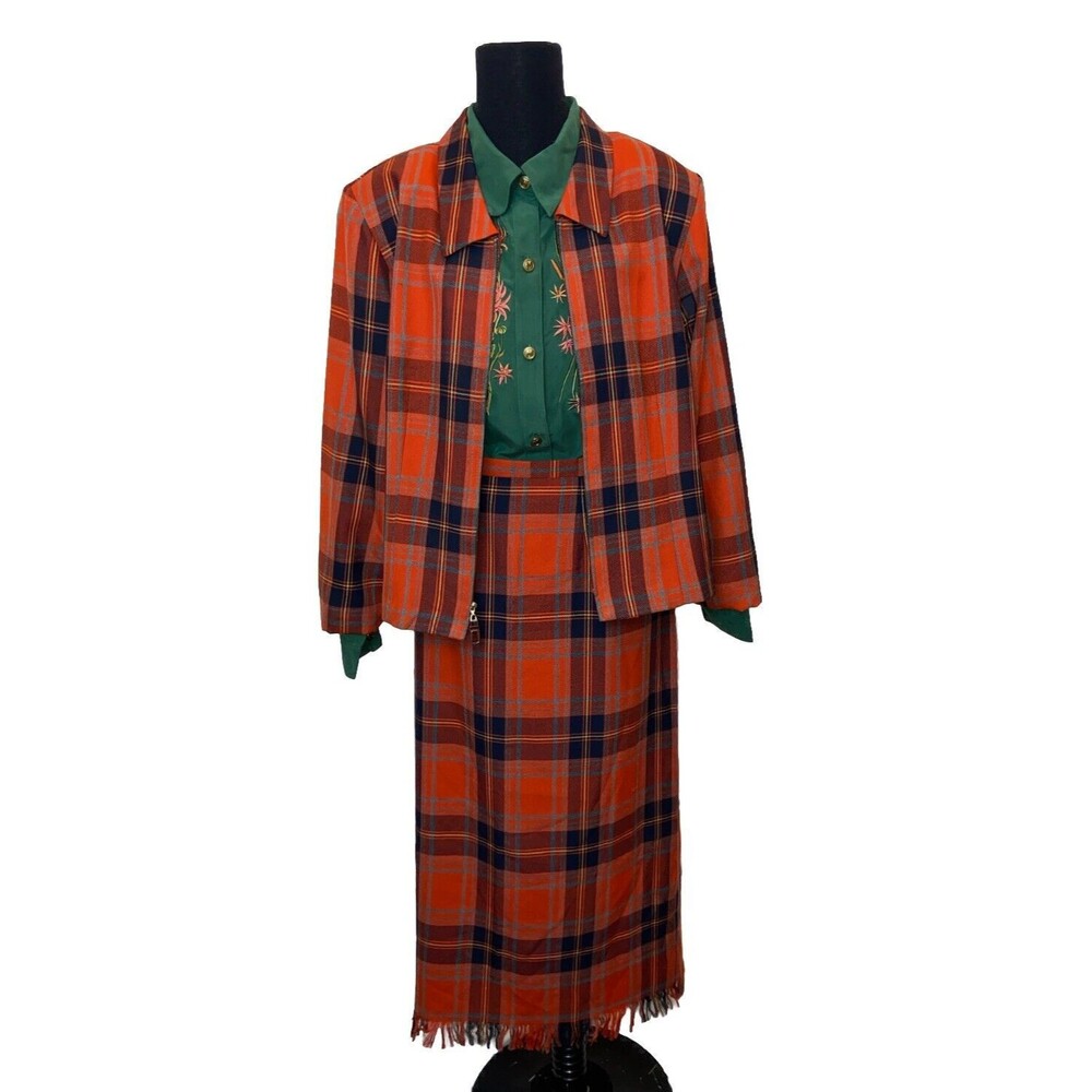 Sag Harbor Blanket Fringe Skirt Sz 16 & Crop Jacket Red Plaid